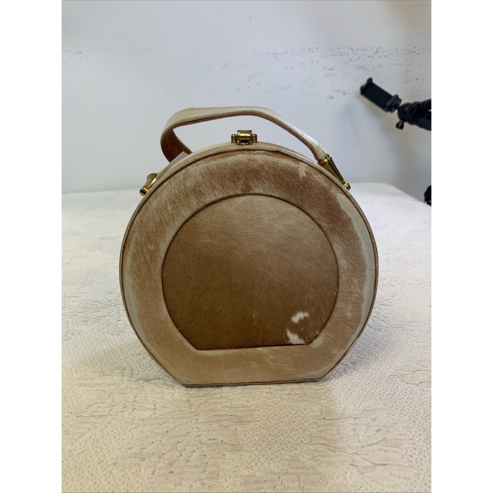 Vintage Cowhide Hair on Hide Round Hat Box Bag Top Handle Circle Purse Tan White
